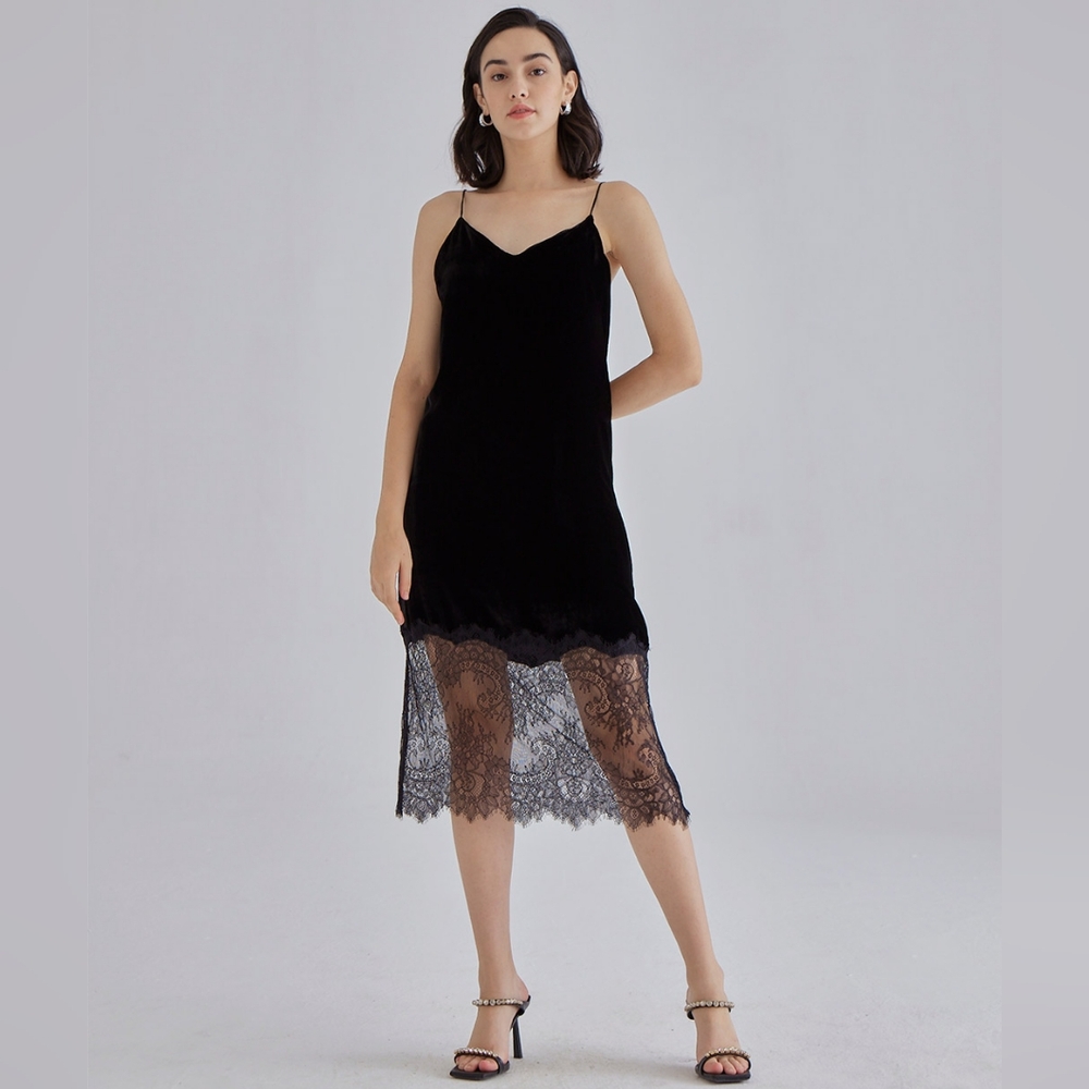 NWT Fancy Lace Silk Velvet Dress (Midnight Black) - Silk Maison